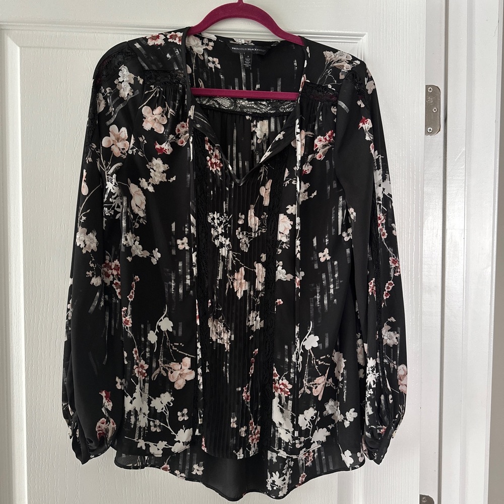 White House Black Market Blouse with lace inset.  Black multi-floral. Size 2.
